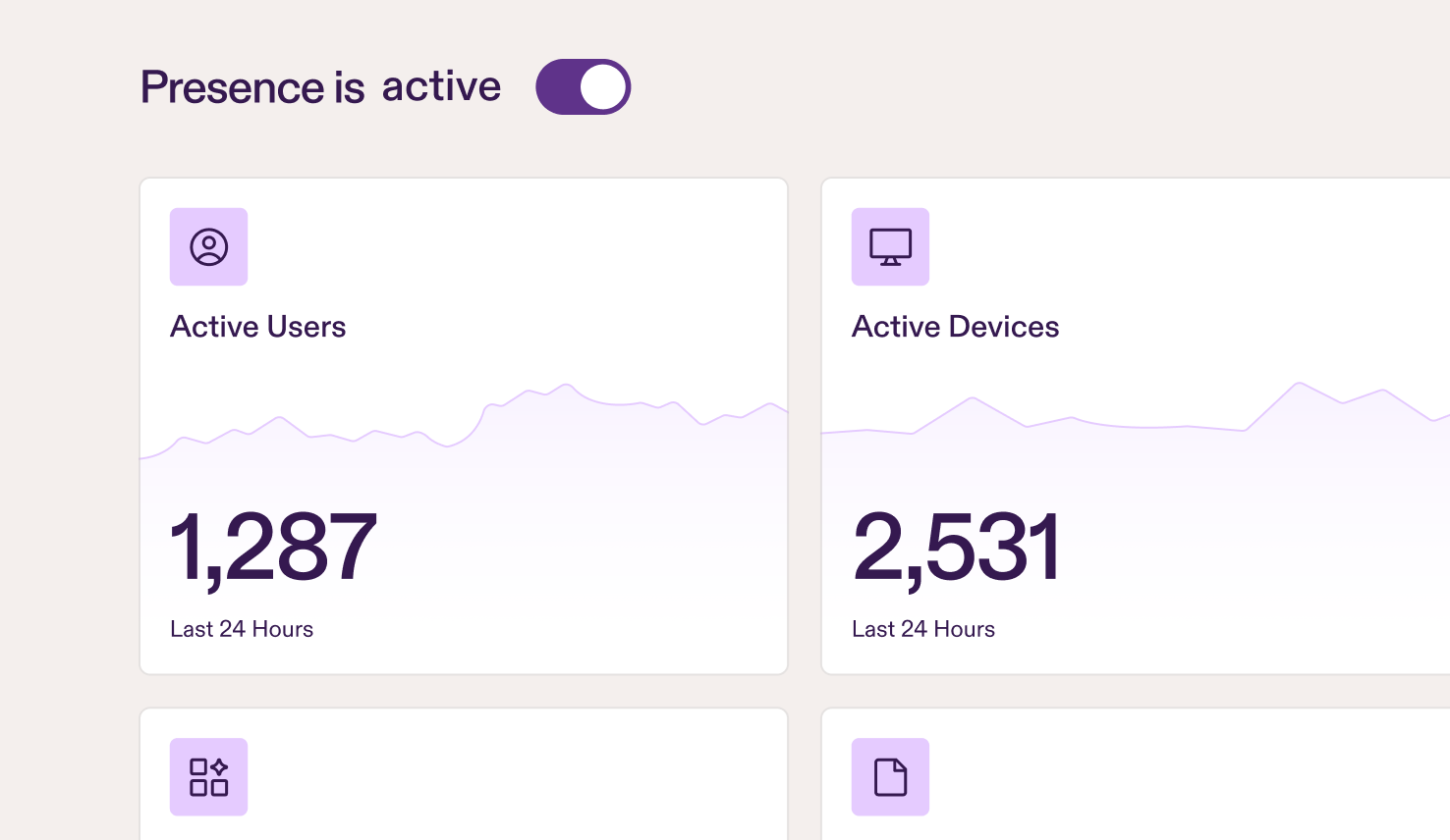 A clean dashboard interface showing a purple toggle labeled “Presence is active” switched on. Below it are rounded metric cards for Active Users and Active Devices, each with a soft purple line graph and large numbers representing the last 24 hours. Additional cards show Files Accessed by AI and Files Accessed by Users, using a light beige, white, and lavender color palette.